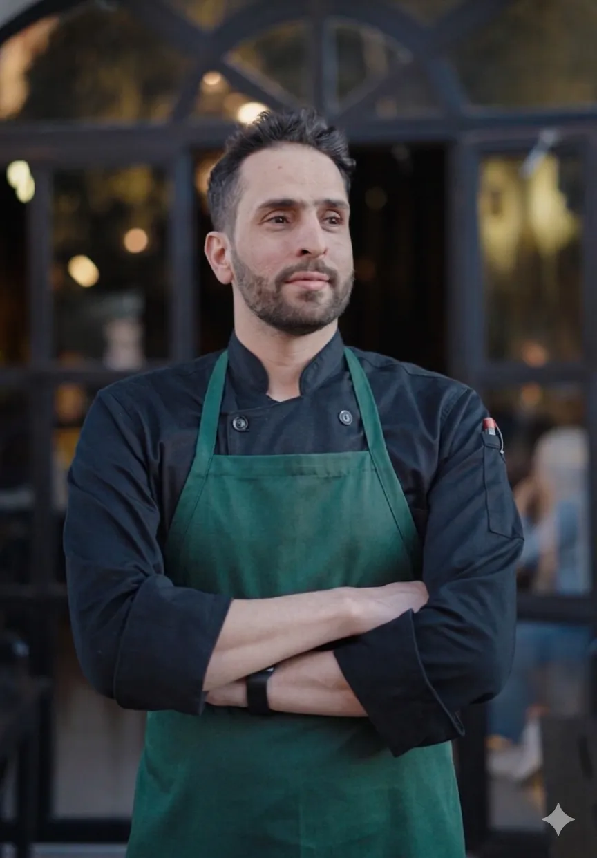 Chef Baha2 Aldeen in a black chef's jacket and green apron, arms crossed, in front of a restaurant